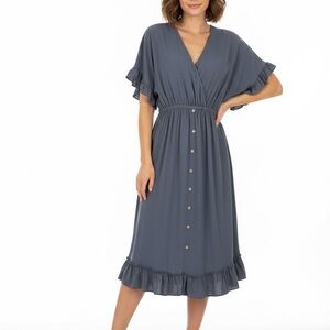 GiGiO USA Gray V-Neck Flutter Sleeve Midi Dress Small Blue Gray Women's Ruffle